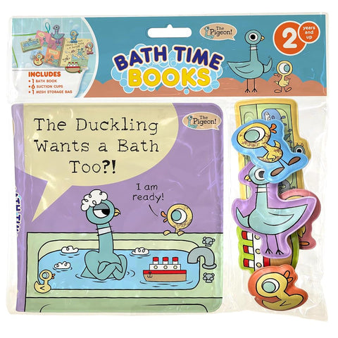 Hidden Pigeon Company Mo Willems Bath Time Books - Activity Books for kids, Bath book, 6 Padded suction cups, 1 Mesh bag cover image