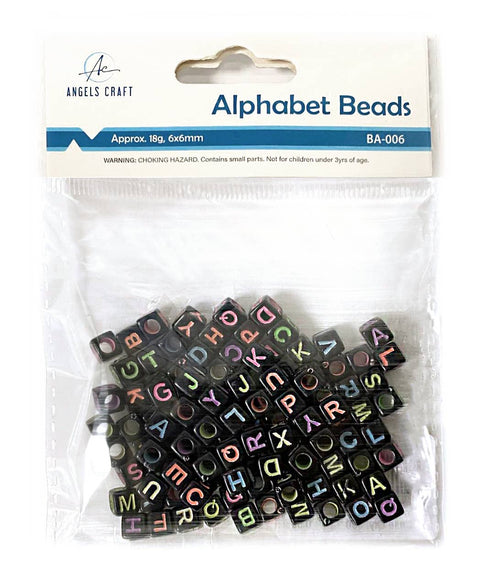 Alphabet Beads - Cube Shape: Black w/ multi-color letters