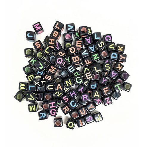 Alphabet Beads - Cube Shape: Black w/ multi-color letters