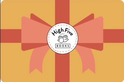 A digital gift card from High Five Books featuring a graphic with orange and pink ribbons and the company's logo in the center.