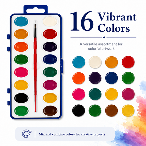 16-Color Vibrant Watercolor Paint Set with Brush