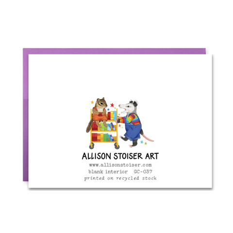 Reading Raccoon and Opossum Rainbow A2 Greeting Card (Everyday/Birthday/Pride)